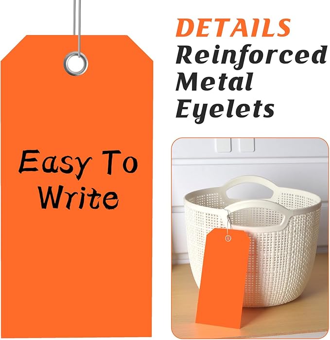 200 PCS 4 3/4" x 2 3/8" Neon Color Shipping Tags with Wire Paper Heavy Duty Hang Tags with Reinforcement Holes Writable Luggage Tag with String Durable Marking Tags (Neon Orange, 4 3/4" x 2 3/8")