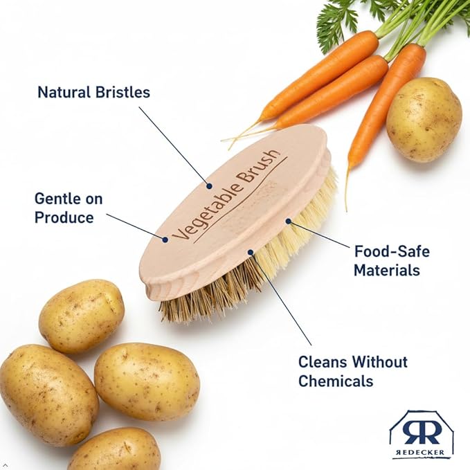 REDECKER Hard and Soft Side Vegetable Brush - Beechwood Handle - 2 Different Bristle Strengths for Cleaning Delicate or Tough-Skinned Vegetables, 5-1/4 inches - Vegetable Scrubber, Made in Germany