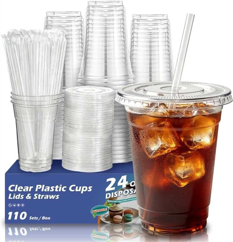 110 Pack 24 oz Disposable Clear Plastic Cups with Lids and Straws by VOATREE