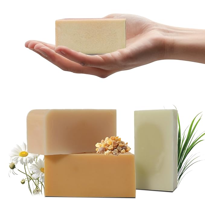 MAYJAM 3 Pcs Clean Bar Soap with Vitamin E Olive Natural Essential Soap Bar Gift Set for Body Face Smooth Skin Bath Soap for All Skin Types Roman Chamomile,Frankincense,Lemongrass Soap Handmade