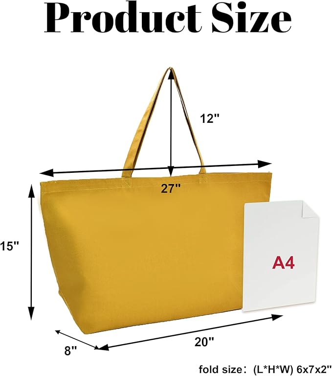 Large Canvas Tote Bag - Reusable Grocery Bag Foldable Heavy Duty Shopping Bag for DIY Art Crafts Painting Embroidery