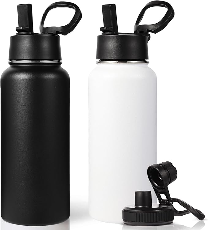 Neihepal 32 oz Insulated Water Bottles with 2 Lids (Straw & Spout Lid), 18/8 Stainless Steel Double Wall Water Bottle for Gym, Travel, Camping, Sports (Mix,2 Pack)