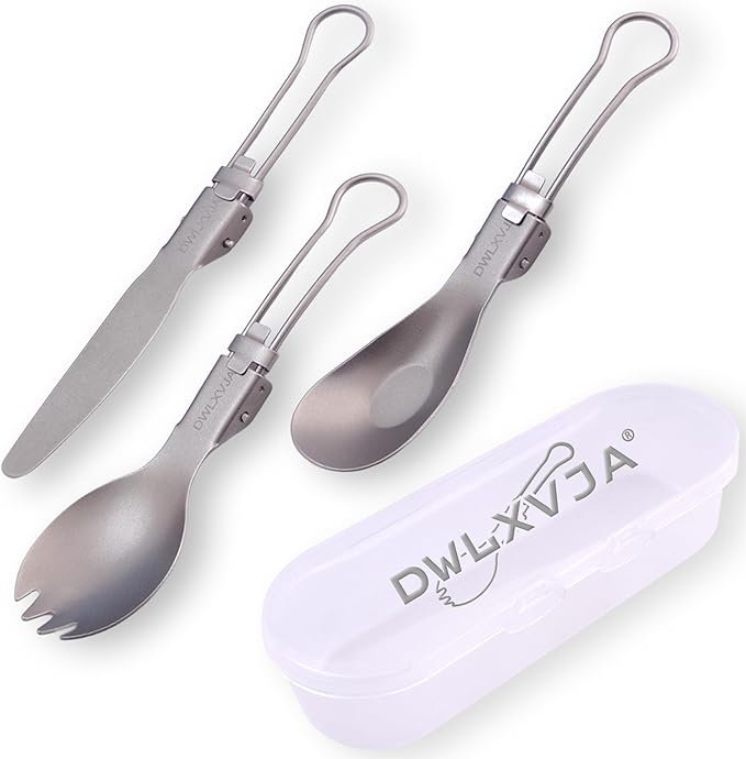 Reusable Camping Utensils Set Titanium, 3-Piece Spork Spoon Knife Combo with Case, Lightweight Foldable Flatware for Hiking, Backpacking, Travel & Workplace Lunch, Gifts for Men, Outdoorsmen, Campers