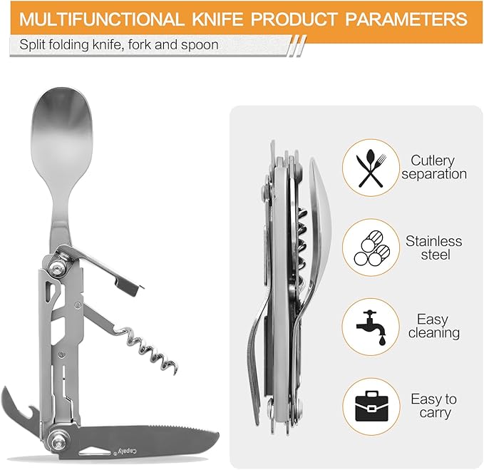 6-in-1 Detachable Camping Utensils Flatware Set, Folding Spoon Fork Knife Can Opener Combo, Stainless Steel Travel Utensil Set, Portable Cutlery Set for Travel Camping Hiking Picnic
