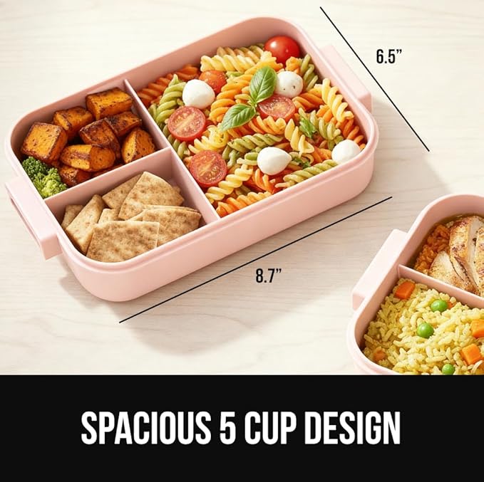 GORILLA GRIP BPA-Free Leakproof 3-Compartment Bento Lunch Box for Adults, Kids, Microwave Safe Hot and Cold Food Containers, Easy to Carry Lid Includes Built-In Utensils Set, Holds 5 Cups, Pink
