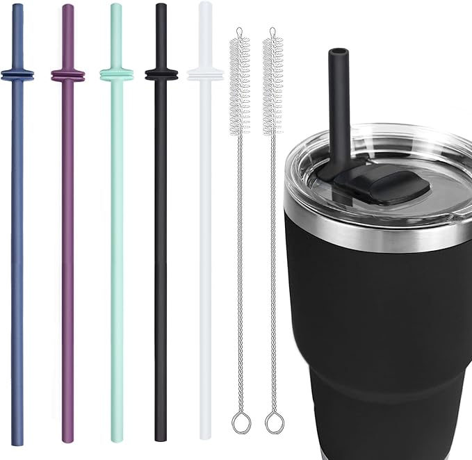 Silicone Straw for Yeti Rambler, 5PCS Reusable Straws & 2 Cleaning Brush for Yeti 30/20 oz Tumbler with Magslider Lid, Adjustable Drinking Straws Accessories Patent Pending (Multicolor)