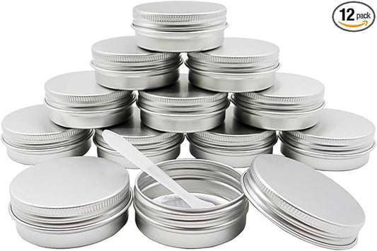 12pcs 1oz 30ml Aluminum Tin Jar, 30g Refillable Makeup Container, 30 Gram Silver Screw Lid Round Can Sample Pot for Cosmetic DIY, Lip Balm, Cream, Salve, Toner, Candle, Free Spatulas +Lables