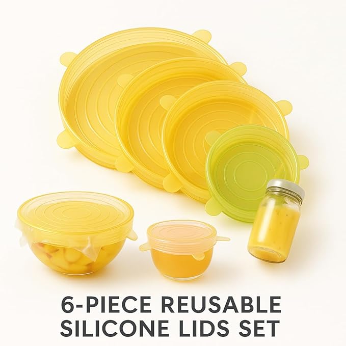 Reusable Silicone Stretch Lids | 6 Pack Food Storage Covers for Bowls, Containers & Cups | Airtight, Leakproof, BPA-Free, Microwave & Freezer Safe | Flexible Reusable Food Savers Yellow