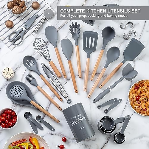 Country Kitchen Non Stick Silicone Utensil Set with Rounded Wood Handles for Cooking and Baking, 38 Piece Set, Gray - Image 3