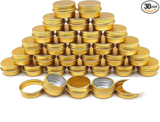 30 pack 5ml Lip Balm Tin Cans, 5g Mini Aluminum Makeup Sample Containers with Screw Lid, Empty Metal Tins Pot Storage Travel Jars for Cosmetic Cream Candle Tea, 5 Gram Small Tins, Gold Color