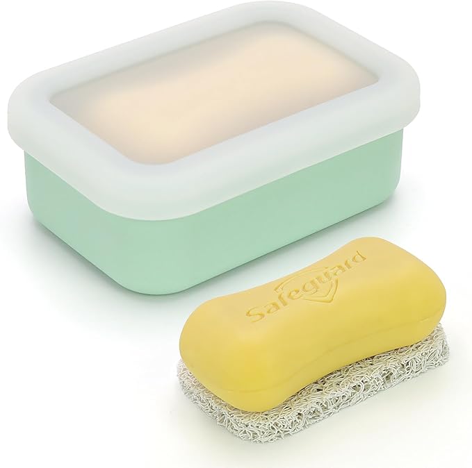 Leak Proof Silicone Travel Soap Case, Compact Portable Soap Holder with a Translucent lid That Lets You See The soap Inside, Bar Soap Container for Traveling, Camping, Gym (Clear&Green)