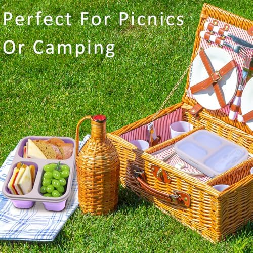 Large Collapsible Silicone Bento Lunch Box, 2 Pack with 3 Compartments Each,45.6oz Food Storage Containers with Spoons Forks, Portable for Work, Picnic, Travel, BPA Free（Blue+ Purple） - Image 7