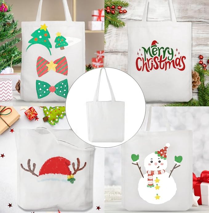 Faylapa 12 Pack Canvas Tote Bags, Heavy Duty Reusable Grocery Shopping Bag 13.6"x 15.3" Blank Cotton Bags for Decorating Christmas Crafts DIY, Painting(White)
