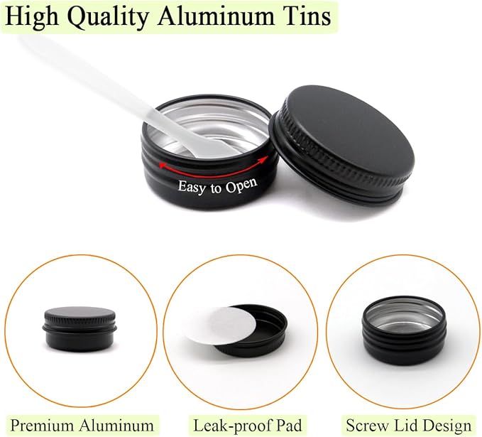 10ml Aluminum Tin Jar, 1/3 oz Makeup Containers, 10g Aluminum Screw up Lid Small Round Container Bottle for Cosmetics, Lip Balm, Cream, Toner, Eyeshadow, Candle Tea Beads, 24 Pack Black Tins