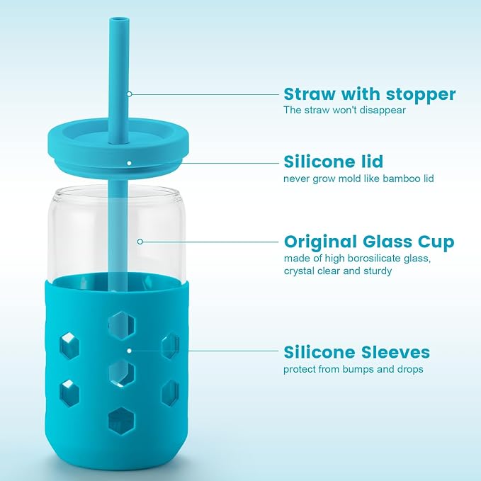 Glass Cups with Lids and Straws (4 Pcs), 16oz Drinking Glasses Set with Silicone Sleeves for Coffee Bar Accessories Iced Coffee Cups with Lids, Glass Tumbler Reusable for Gifts