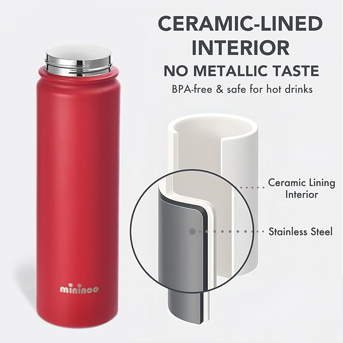 Mininoo Insulated Stainless Steel Water Bottle with Straw, Ceramic-Lined, BPA-Free & Leak-Proof, 24 oz, Red