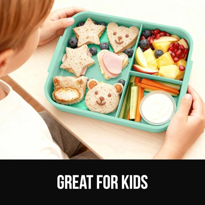 GORILLA GRIP BPA-Free Leakproof 5-Compartment Bento Lunch Box for Adults, Kids, Holds 10 Cups, Microwave Safe Hot and Cold Food Containers, Easy to Carry Lid Includes Built-In Utensils Set, Mint
