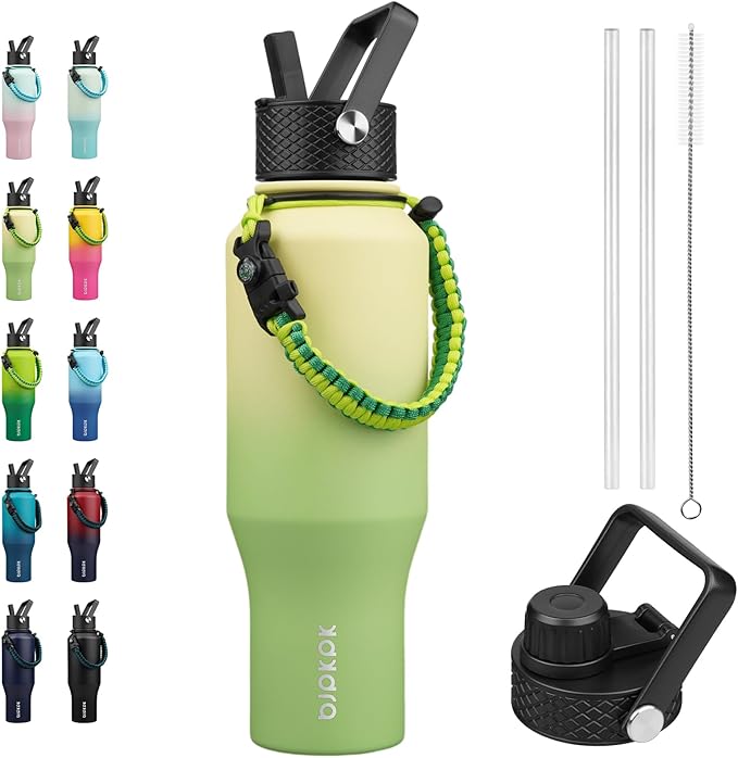 BJPKPK Insulated Water Bottles with Straw Lid, 35oz Metal Water Bottle with 2 lids & Paracord Strap, Double Wall Stainless Steel Vacuum Tumblers, Cups, Mugs, Thermo for Hot& Cold Drinks, Fresh Green
