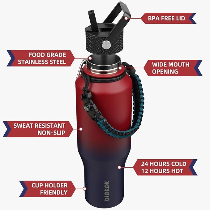 BJPKPK Insulated Water Bottles with Straw Lid, 35oz Metal Water Bottle with 2 lids & Paracord Strap, Double Wall Stainless Steel Vacuum Tumblers, Cups,Thermo for Hot& Cold Drinks, Charming Red