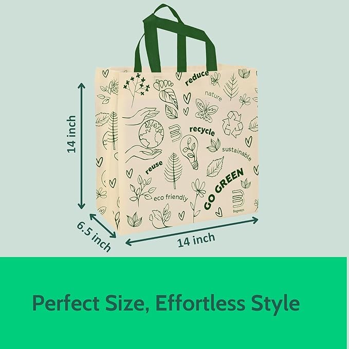 Bagways 50 PACK Reusable Grocery Totes with Handles, Durable, Foldable, Washable Eco-Friendly Shopping Tote Bags Bulk, 14x6.5x14 inches - Beige/Green Ecodoodles