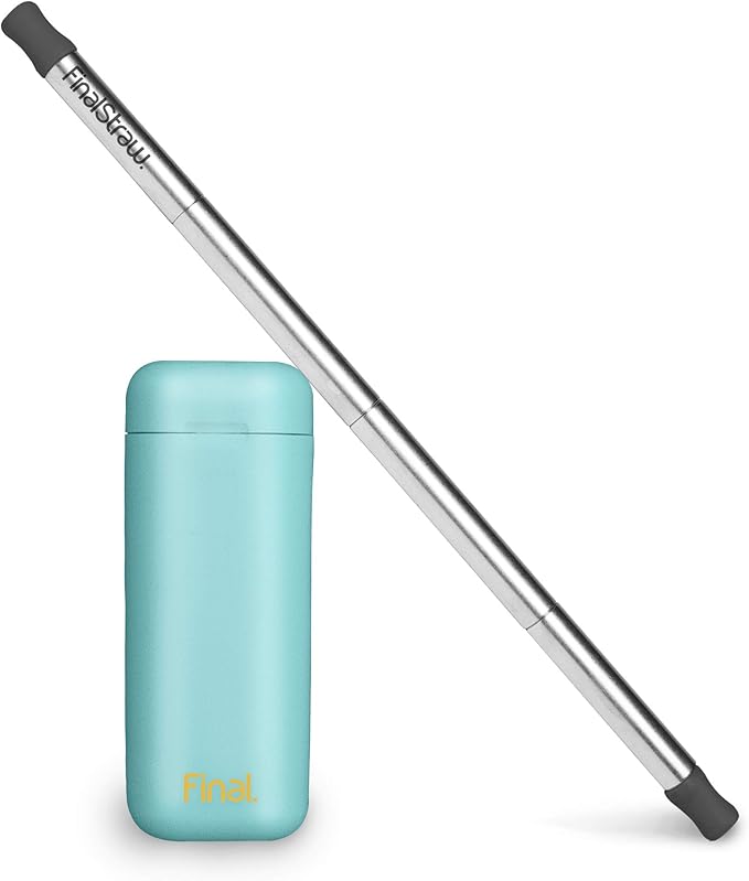 FinalStraw Collapsible, Reusable, Metal Straw | Travel Case, Cleaning Tool | Easy to Clean | Stainless Steel and 100% Silicon Tips | Eco-Friendly | Sea Tur-Teal Case, Silver Stainless Steel