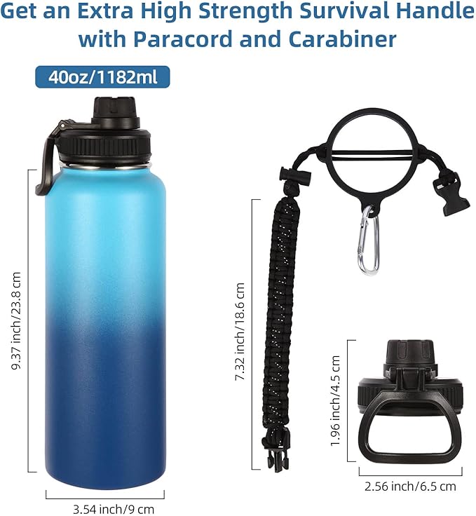 Volhoply Insulated Water Bottles Bulk 4 Pack, 40 oz Stainless Steel Sports Bottle with Paracord Handle & Spout Lid, Double Walled Vacuum Metal Travel Water Jug for Adults(Green Blue,4 Set)