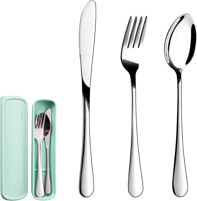 Travel Utensils with Case,SAOHYPEI Portable Silverware Set for Work, 4-Piece Stainless Steel Portable Cutlery Set,Lunch Box for Camping Work School, Include Fork Spoon Knife, Dishwasher Safe,Silver