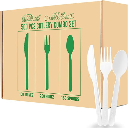 500 Count Large Compostable Forks Spoons Knives Flatware Set, White Heavy-duty Disposable Cutlery Eating Utensils (7 in.) BPI Certified