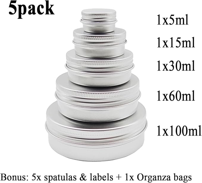 5pack Aluminum Tin Metal Jars with Screw Cap Lids, 30ml Empty Makeup Lip Balm Containers Round Travel Cosmetics Pots Cans for DIY Cream Candle Powder Tea Beads (5/15/30/60/100ml, mixed size)