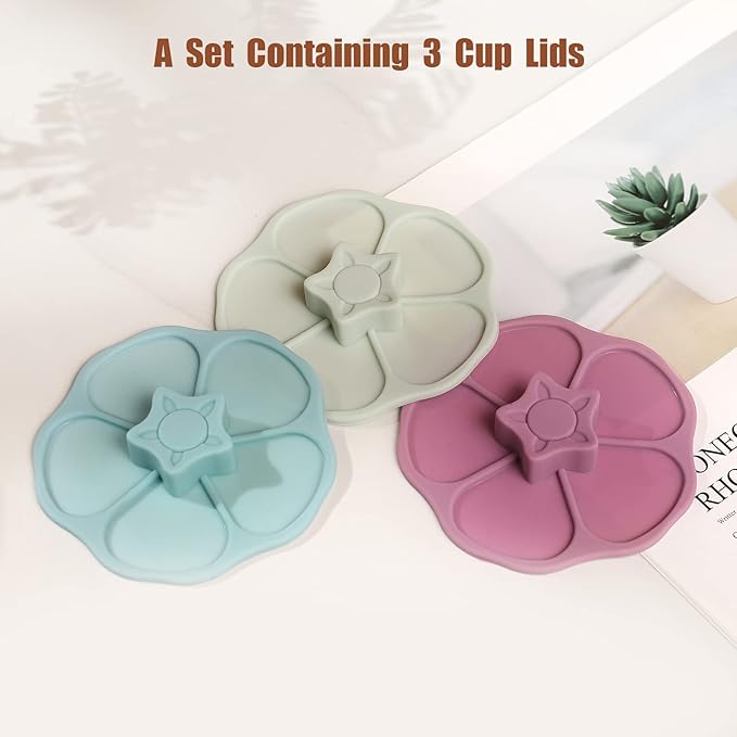 Petal Silicone Cup Covers (Set of 3) ， Multicolored Silicone Lids for Mugs, Cups, Tea Pots,Flexible Mug Covers，Hot Cup Lids for Coffee & Tea