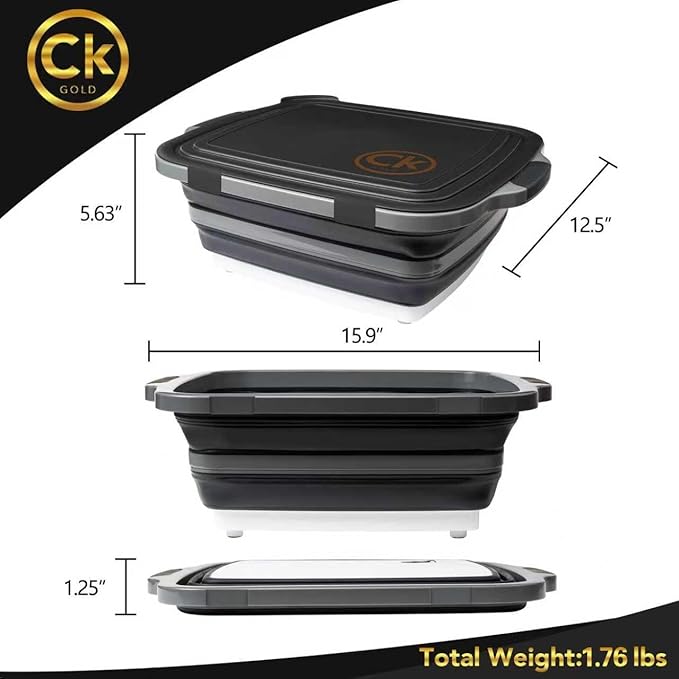 New LARGE Collapsible BBQ Prep Tub /LOCKING Lid, Cutting Board & Drain Hole | BPA-Free, Food-Grade, Recyclable, Space-Saving Buckets for Grilling, Camping, Kitchen & Outdoor Cooking (Black, 8 Liters)