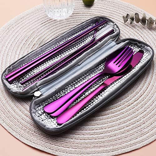 8-Piece Portable Stainless Steel Flatware Set, Travel Camping Cutlery Set with Purple Waterproof Case - Image 5