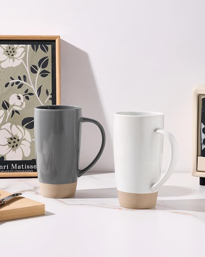 famiware Milkyway Coffee Mugs, 20oz Large Coffee Mug, Ceramic Mug Set of 2 with Lid, Cup Set with Handle for Latte, Tea, Cocoa, Milk, Home & Office, White and Dark Gray