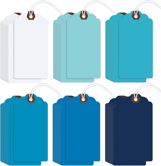 Outus 60 Pcs 4 3/4-in x 2 3/8-in Blank Large Paper Gift Tags with String and Reinforced Eyelet Wire Writable Price Tags Shipping Labels Inventory Labels(Gradient Blue)