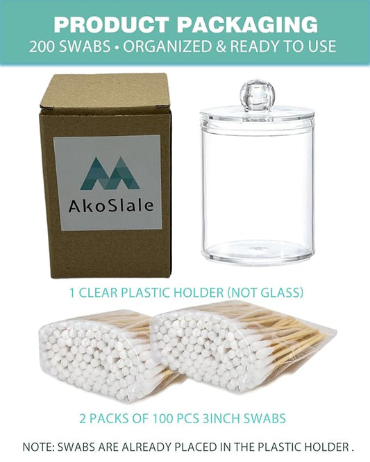 Bamboo Cotton Swabs with Plastic Holder, 200 Count (3 Inch) – Eco-Friendly Biodegradable Cotton Buds for Makeup, Pet Ear Care, Household Cleaning & Travel Storage Jar