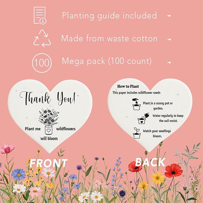 Plantable Seed Paper Hearts 100 Pcs | Handmade Seed Paper Embedded with Wildflower Seeds | Party Favors for Baby Shower | Wedding Favors for Guests | Small Business Thank You Cards