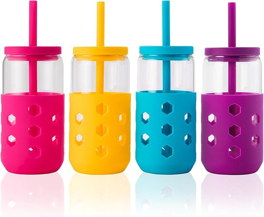 Glass Cups with Lids and Straws (4 Pcs), 16oz Drinking Glasses Set with Silicone Sleeves for Coffee Bar Accessories Iced Coffee Cups with Lids, Glass Tumbler Reusable for Gifts
