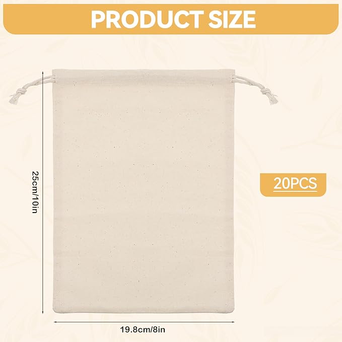 20 Pcs Cotton Storage Bags,8X10 inch Cotton Drawstring Bags,Reusable Produce Bag,Washable Muslin Storage Bag,Natural Canvas Fabric Sachet,for Vegetables Fruit & Grocery Shopping Home Supplies