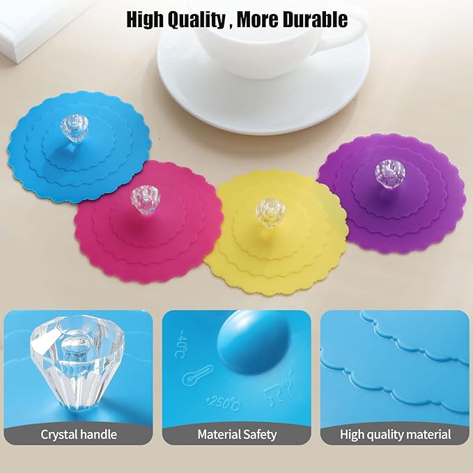Silicone Cup Covers (Set of 4) ， Multicolored Silicone Lids for Mugs, Cups, Tea Pots,Flexible Mug Covers，Hot Cup Lids for Coffee & Tea