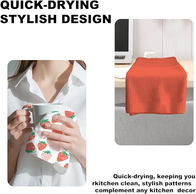 Jztco 2Pcs Strawberry Kitchen Towels 24x14 Inch, Summer Fruits Waffle Weave Hand Towels for Kitchen Home Decor, Red Absorbent Microfiber Dish Cloth Tea Towel, Strawberry Gifts for Women Mom Grandma