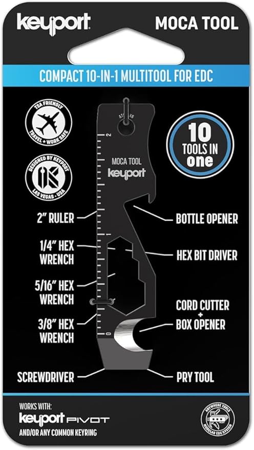 Keyport MOCA 10-in-1 Keychain Multitool (Black) | EDC Multi Tool: Pry Bar, Bottle Opener, Screwdriver, Box Opener, Cord Cutter & More | TSA Key Tool | EDC Gear | Key Organizer, Key Chain Compatible