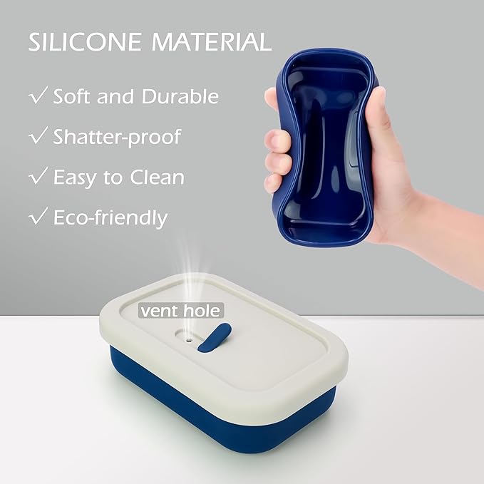 Enhanced Leak Proof Travel Case with Lid, Large Silicone Container for Traveling,Shampoo Bar Holder, Soap Dish with Draining Layer, Bar Soap Caddy (Offwhite & Blue)
