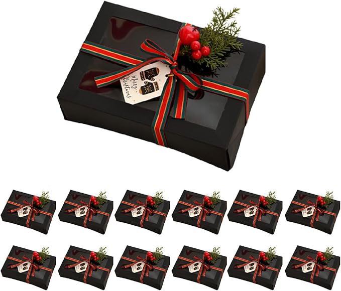 12 Pack Christmas Gift Boxes with Clear Window, Red Christmas Gift Boxes with Ribbon, Pine Sprigs & Berry Decorations for Holiday Wrapping, 8.7x5.9x2.8 Inch (black)