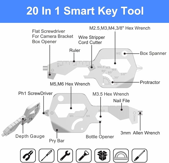 2 PCS, 20 IN 1 Key Shaped Multitools, Key Shaped Pocket Tool, Stainless Steel Utility Gadget, Gift for Men, Everyday Carry, Automotive, Home Improvement, Bottle Opener, Screw Driver, Silver