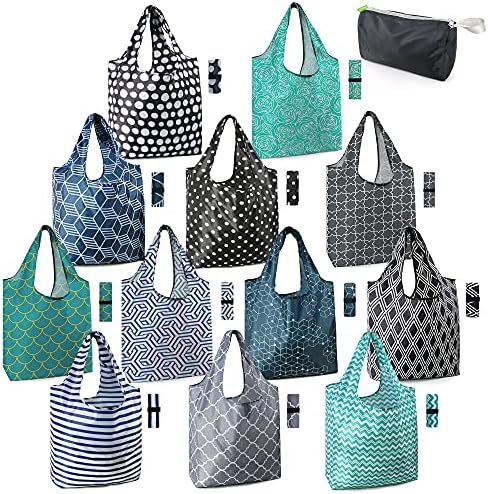 BeeGreen Reusable Grocery Bags Lightweight Durable Shopping Bags Washable Foldable 12 Pack Xlarge Classic Geometric Design Gift Tote Grocery Bags with Elastic Band and Separated Zipper Storage Pouch by BeeGreen