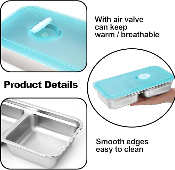 2PCS Stainless Steel Snack Containers with Lids,Reusable Double-Compartment Bento Lunch & Condiment Containers for Meal Prep, Work & Travel