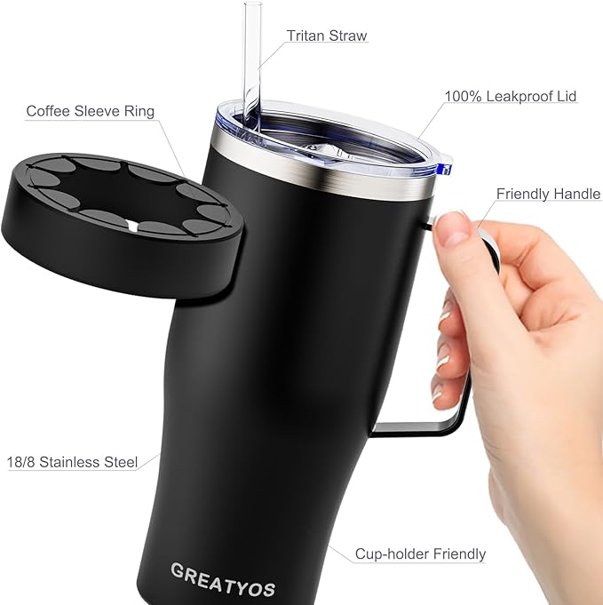 Universal Iced Coffee Sleeve with Handle - Insulated Double Wall Reusable Stainless Steel Holder Insulator for Cold Drinks Fits Small Medium Large To Go Cups Gifts for Men Women Him Her (Black)