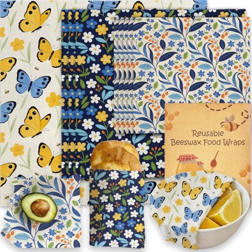 Beeswax Food Wrap, Butterfly, Floral & Leaves Wrap, 9 Pack Eco-Friendly Beeswax Wraps For Food, Organic, Sustainable, Biodegradable, Zero Waste, Plastic-Free Food Storage, 1XL, 3M, 5S by Unknown