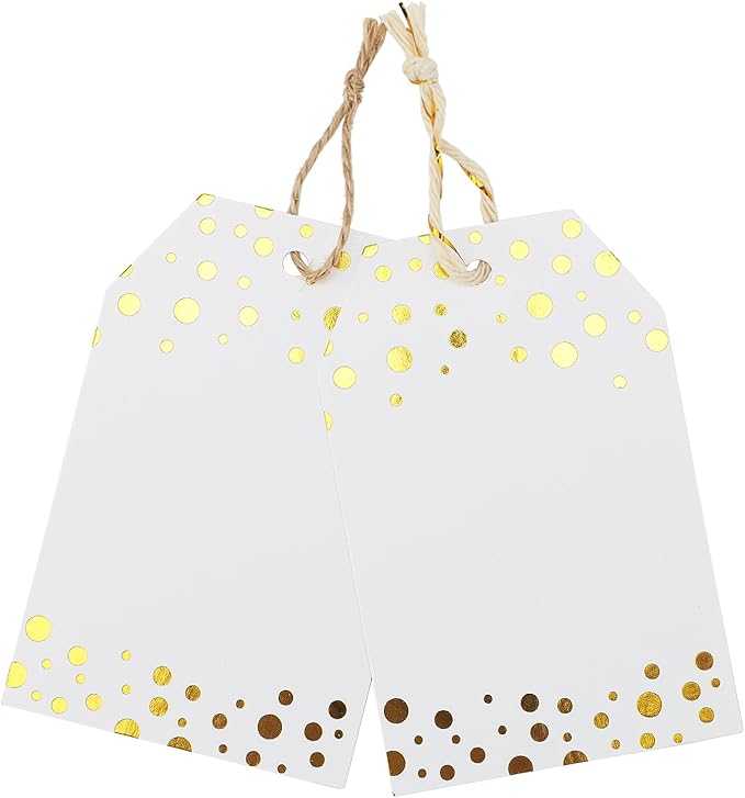 jijAcraft 100Pcs Gift Tags with String, Foil Gold Dots Blank Tags, 3.3x2.2Inch White Paper Tag, Party Favors Hanging Name Labels for Baby Shower, Birthday, Wedding