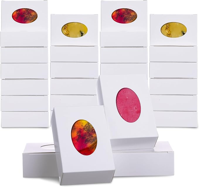 TaoBary 100 Pcs Soap Boxes for Homemade, 3 x 3 x 1.2 Inch Small Paper Gift Packaging Boxes with Window, Gift Wrappers for Soap Packaging Making Party Favor(Oval,White)